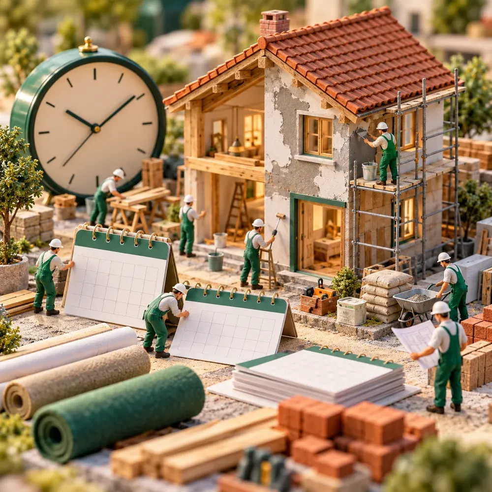 Minik işçilerin saat ve takvimlerle tadilat aşamalarını planladığı illüstrasyon