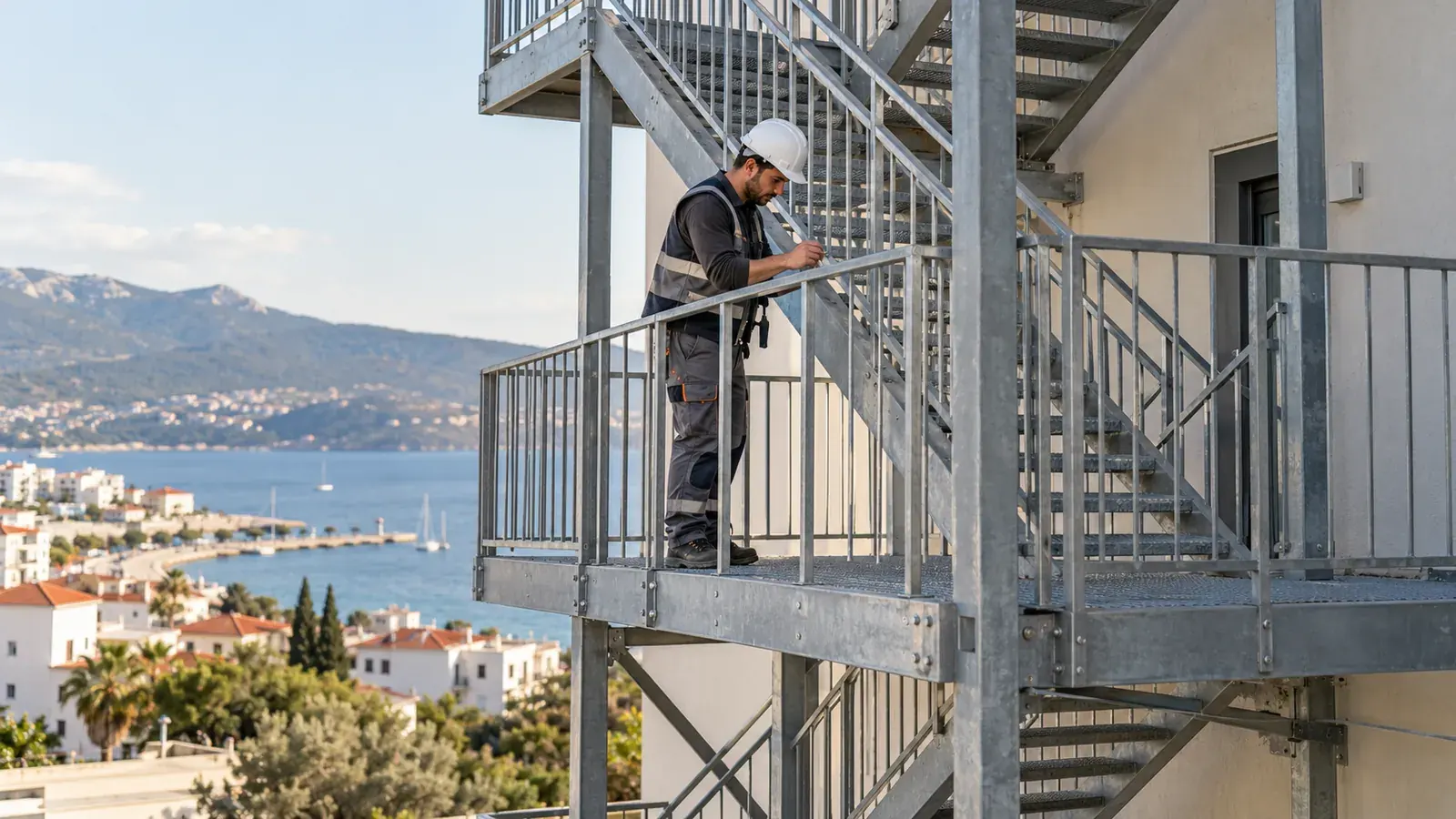 Yangın merdiveni ve güvenlik çözümleri için yenileme ve uygulama görseli